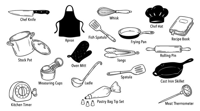 Kitchen cooking utensils and chef accessories outline hand-drawn vector set for culinary designs.