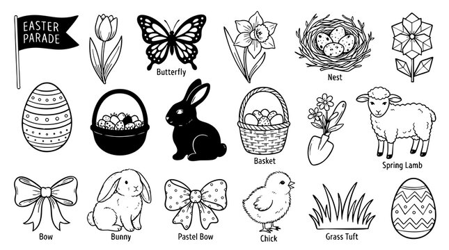 Easter parade festive collection featuring bunnies eggs and floral elements for spring holiday decoration designs.