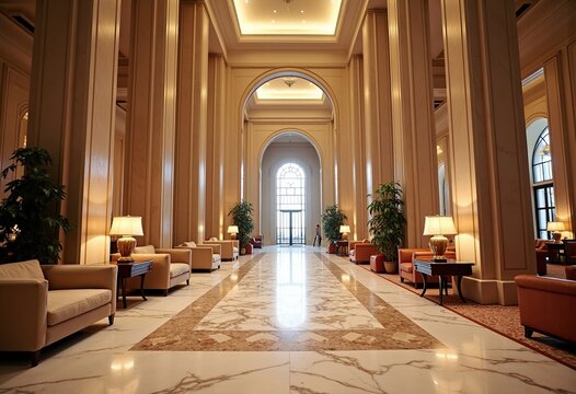 Majestic Hotel Lobby Featuring Marble Interior Design with Plentiful Seating and Grand Ceilings