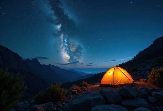 Starlit Camping Tent Under Wilderness Sky Cosmic Constellations Nighttime Adventure Outback Atmosphere