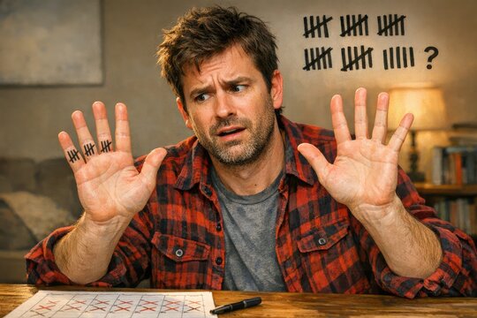 A person sitting at a table with their hands raised, possibly in surrender or in a gesture of giving up