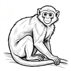 Fototapeta premium Detailed black and white illustration of a monkey sitting on a branch, with expressive eyes and textured fur