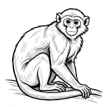 Detailed black and white illustration of a monkey sitting on a branch, with expressive eyes and textured fur