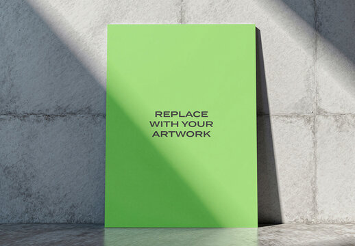 Vertical poster mockup displayed on a concrete wall with background, realistic art presentation featuring natural light and shadow, interior design template for graphic branding