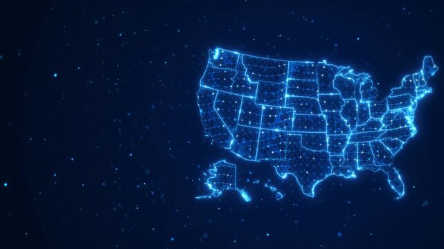 Futuristic America map glowing state outlines, network nodes geometry beside wide copy space. nationwide connectivity, broadband coverage, location services, infrastructure 19 presentations.