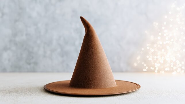 A 3D render of a witch hat in a split complementary color scheme, featuring a glowing ambiance. The hat is displayed in a flat design from a top view, emphasizing a magical theme.