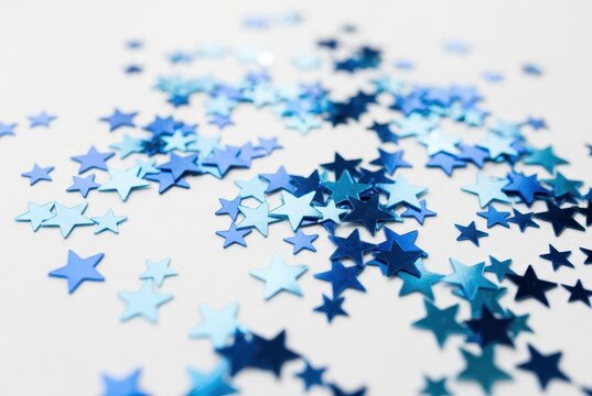 Blue Metallic Star Shaped Confetti Scattered on White Surface, Festive Holiday Celebration and Party Background