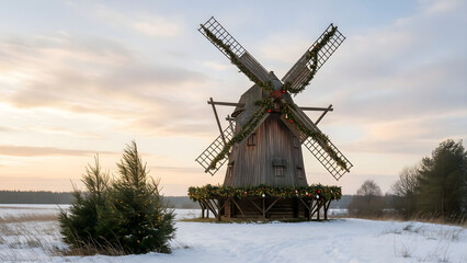 Naklejka premium Snowy windmill decorated for a countryside Christmas