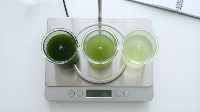 Three glass beakers with microalgae on dining table in clean