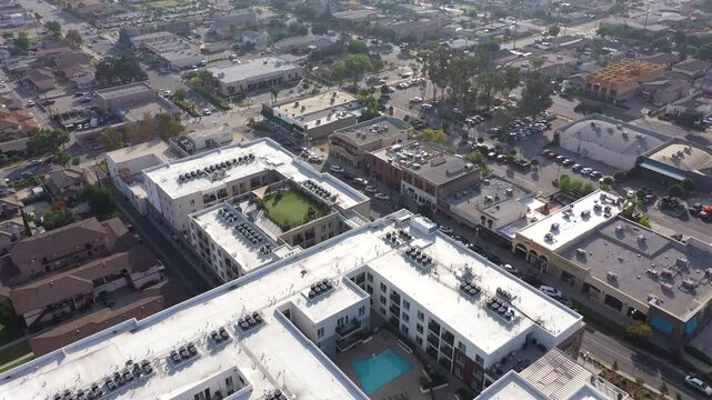 Afternoon aerial view of the buildings of downtown Azusa, California, USA.