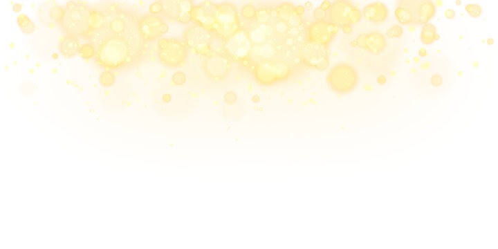 Golden yellow bokeh particles glowing abstract background with sparkling glitter, soft light, magical shimmer, dreamy blur ethereal festive night on transparent isolated fro Christmas holiday design