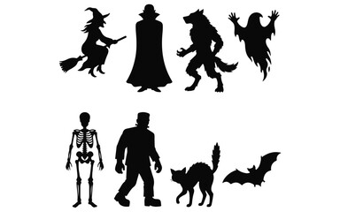 Fototapeta premium Halloween silhouettes, witch, vampire, werewolf, ghost, skeleton, frankenstein, cat, bat. Black spooky monsters vector set. Magical creature icons for party decoration, flyer, invitation design
