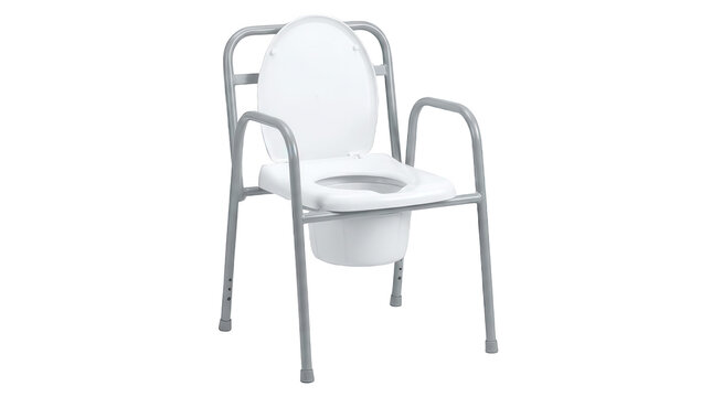 White commode chair with metal frame for patient mobility and bathroom assistance in medical settings.