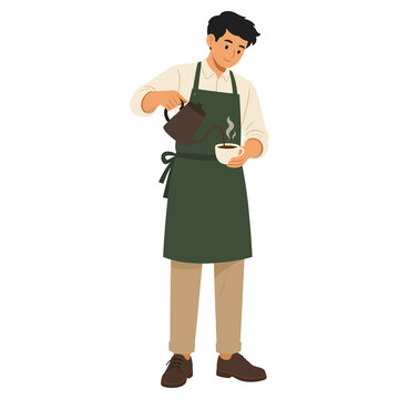 Male barista pouring coffee from kettle into cup vector illustration