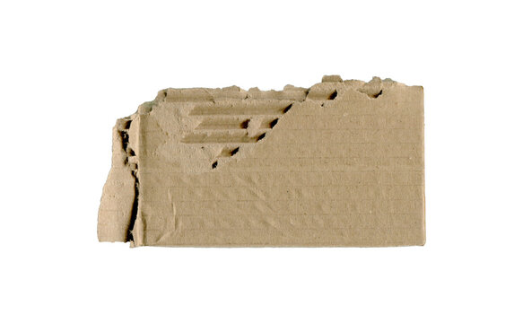 Torn rectangular piece of beige corrugated cardboard with layered edges and visible diagonal corrugation details, isolated on a white background.