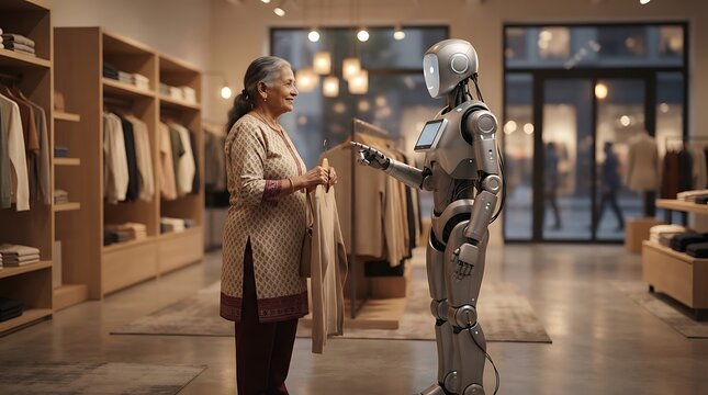 Elderly woman receiving assistance from humanoid robot in modern clothing store with contemporary clothing retail environment organized shelves warm lighting