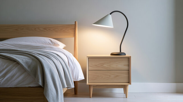 A minimalist bedroom setting showing a light oak wood bed frame positioned on the left side of the frame. the bed is made with white sheets and a draped light grey blanket. Ai generat