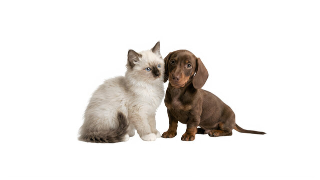 Kitten and puppy together, cute ragdoll cat with dachshund dog sitting isolated on transparent background


