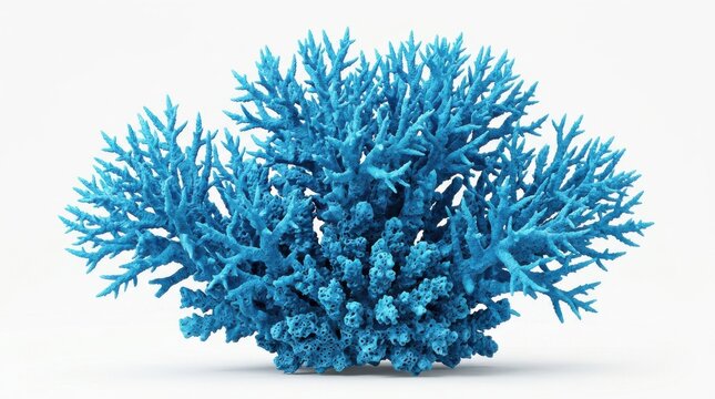 Bright blue coral formation stands against a plain white background branching marine life oceanic aquatic underwater sea hue cyan