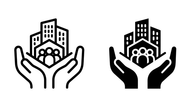 Hands protecting community city buildings and people population vector icon set