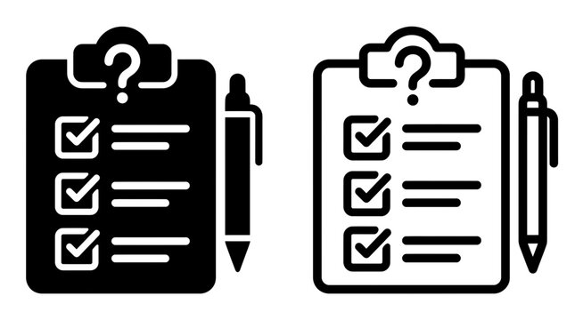 Clipboard with question mark and checkmark list items and pen icon vector set