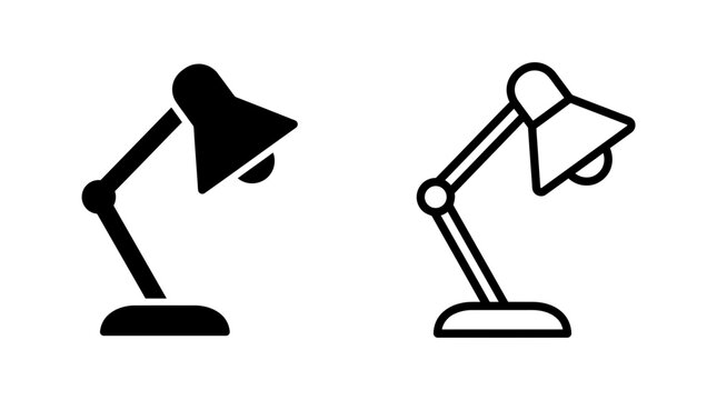 Desk lamp icon set vector graphic illustration in black and white with lighting