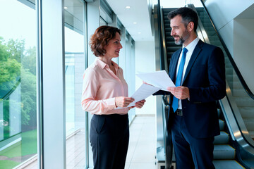 Fototapeta premium Caucasian middle aged businesswoman and businessman reviewing documents and discussing agreement in office corridor, conveying teamwork and corporate planning. For business communication or HR use