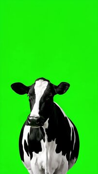 Black and white dairy cow looking at camera isolated on bright green screen chroma key background for agriculture and livestock video compositing