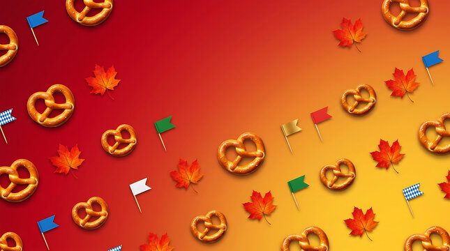 Oktoberfest pattern background with pretzels fall leaves and mini flags