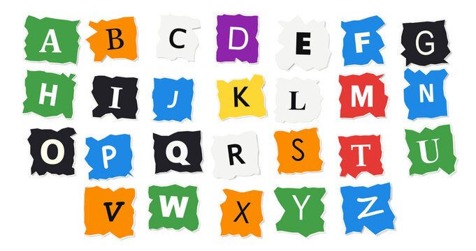 Multicolored uppercase alphabet letters in ransom note style, isolated on transparent background, isolated on a, transparent background