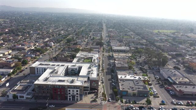 Afternoon aerial view of the buildings of downtown Azusa, California, USA.