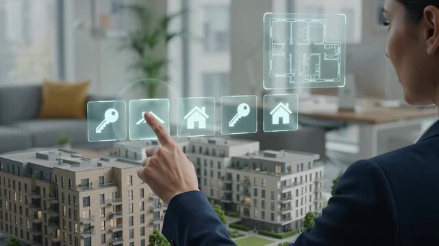 Real estate agent interacts with a smart property interface to explore residential apartment buildings. Modern technology assists home buyers with floorplan, key, and investment options in the urban