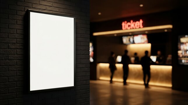 People buying tickets at a warm movie theater counter with empty movie poster frames.