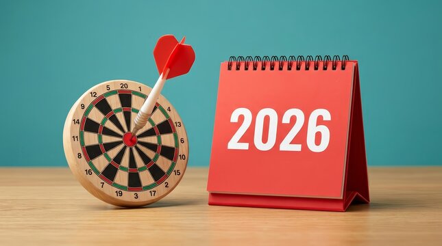 Business goals and planning for 2026 success visualized with a target and red calendar.