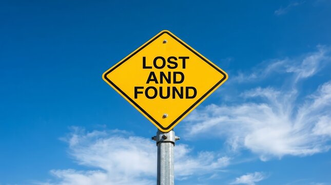 A lost and found warning symbol on a yellow diamond sign under a bright blue sky.