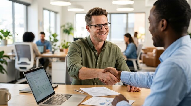 Smiling businessman shaking hands with a colleague after a successful corporate deal.