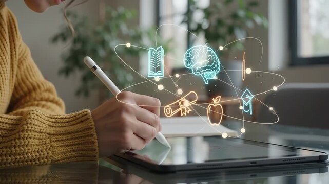 Online education and elearning with digital tablet and stylus. Icons of book, brain, apple, diploma and graduation cap connect around the device. Modern learning, knowledge and academic study