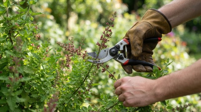 Gardener s hands carefully prune a leafy shrub with metal pruning shears gardening secateurs horticulture landscaping plantcare foliage leaves