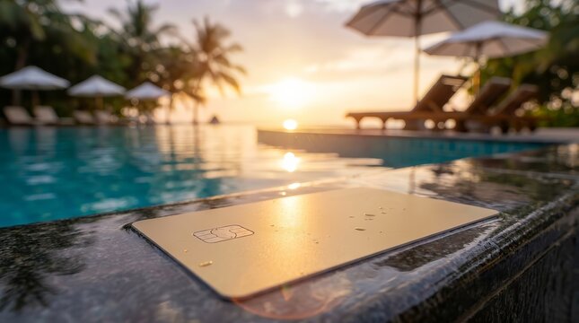 Luxury resort swimming pool with a golden credit card, representing wealth and passive income.