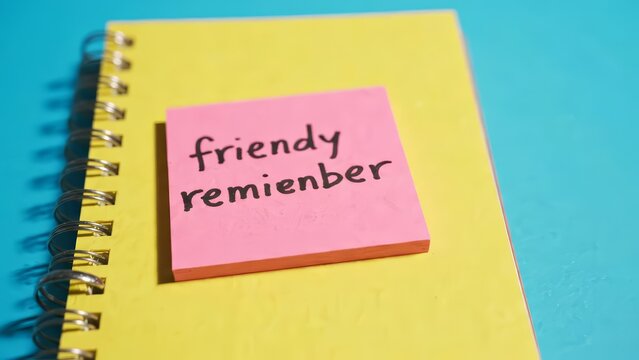Friendly reminder message written on a pink sticky note attached to a yellow planner.