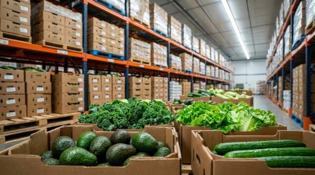 Healthy food delivery supply chain logistics with packed produce in a large warehouse setting.