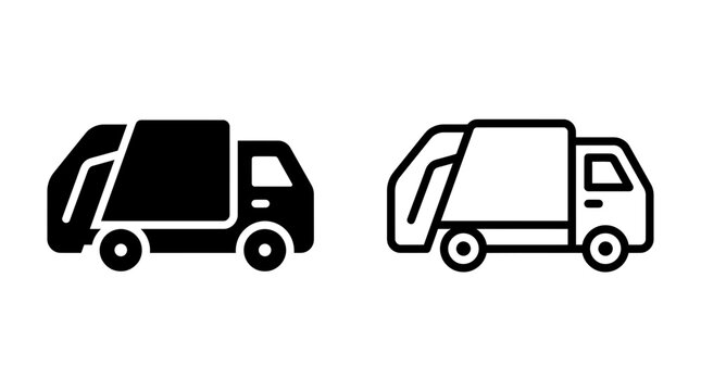 Garbage truck vector icon set silhouette and outline waste management symbols
