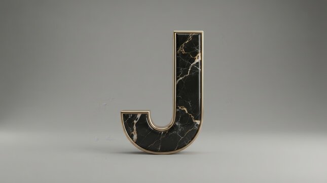 Luxury black marble alphabet character J featuring gold edges and stone veining.