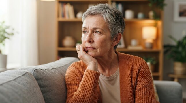 Elderly female person in a living room making a difficult decision regarding pension and finance.
