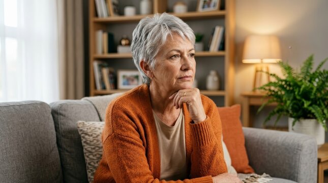 Elderly female person in a living room making a difficult decision regarding pension and finance.