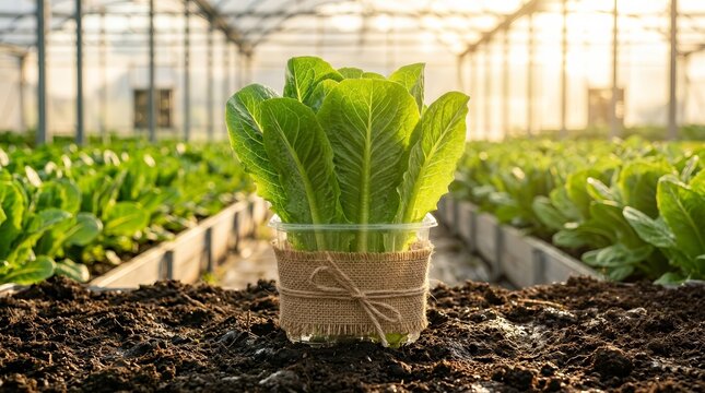 Rows of healthy green lettuce plants grow in dark soil under natural light in a greenhouse.