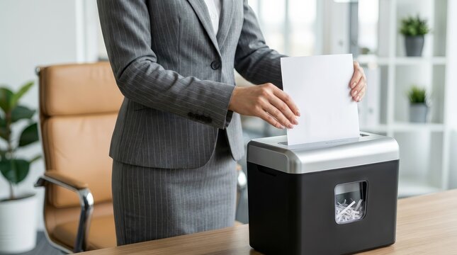 Professional information security being practiced as a businesswoman shreds sensitive paper in a workspace.