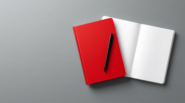Minimalist stationery setup featuring a red notebook and open blank journal.