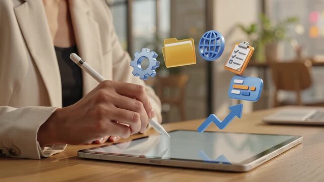 Professional works on a tablet with a stylus while managing digital business tasks. Global network settings, folder documents, checklist, and a growth chart arrow represent modern workflow, analytics,