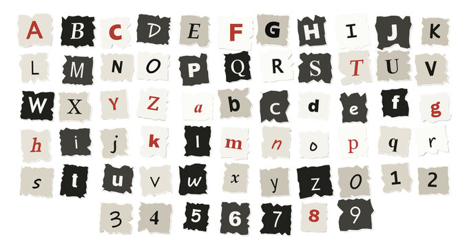 Black and white alphabet and numeric characters in ransom note style, isolated on a transparent background